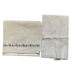 Vintage Embroidered & Cutwork Hand Towels Purple Violets Floral Cotton 17x31 14x